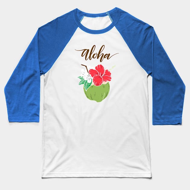 Aloha Hawaiian Coconut with Hibiscus Baseball T-Shirt by bluerockproducts